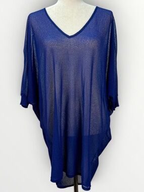 Eileen Fisher Sheer Tunic Top Oversized Blue Lightweight Knit Swim Coverup SMALL